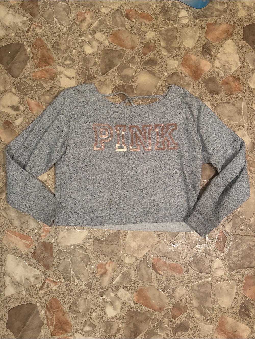 PINK Victoria's Secret Light Gray Cropped Crewneck with Rose Gold Logo